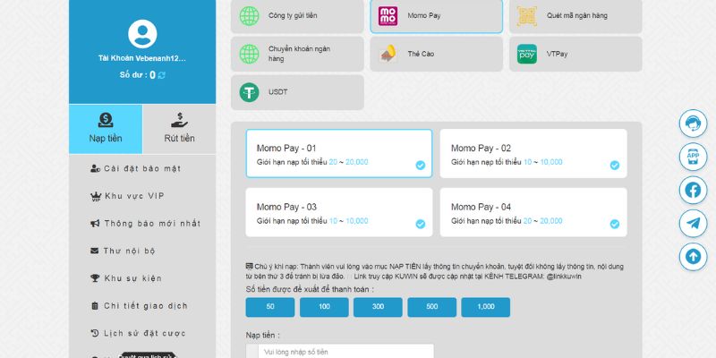 Nạp tiền Kuwin đơn giản thông qua ví Momo Pay